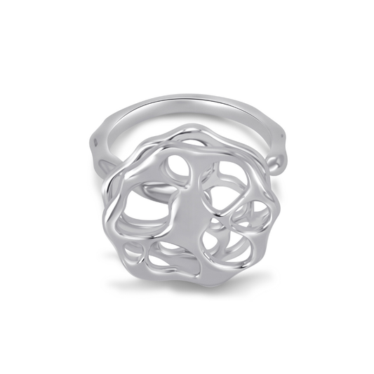 Ploutos Jewellery Ethereal Motion Silver Ring — modern sculptural ring handcrafted from 925 sterling silver with rhodium plating. Features a fluid, two-layer rotating design that moves with the wearer’s energy. Adjustable and elegant, this statement ring from the Abundance Collection symbolizes freedom, grace, and individuality.
