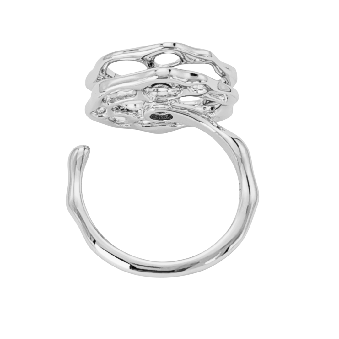 Close-up view of Ploutos Jewellery Ethereal Motion Silver Ring — handcrafted 925 sterling silver ring with an open adjustable band and artistic rotating top design. Rhodium-plated for lasting shine, this sculptural piece from the Abundance Collection showcases modern craftsmanship and fluid form.