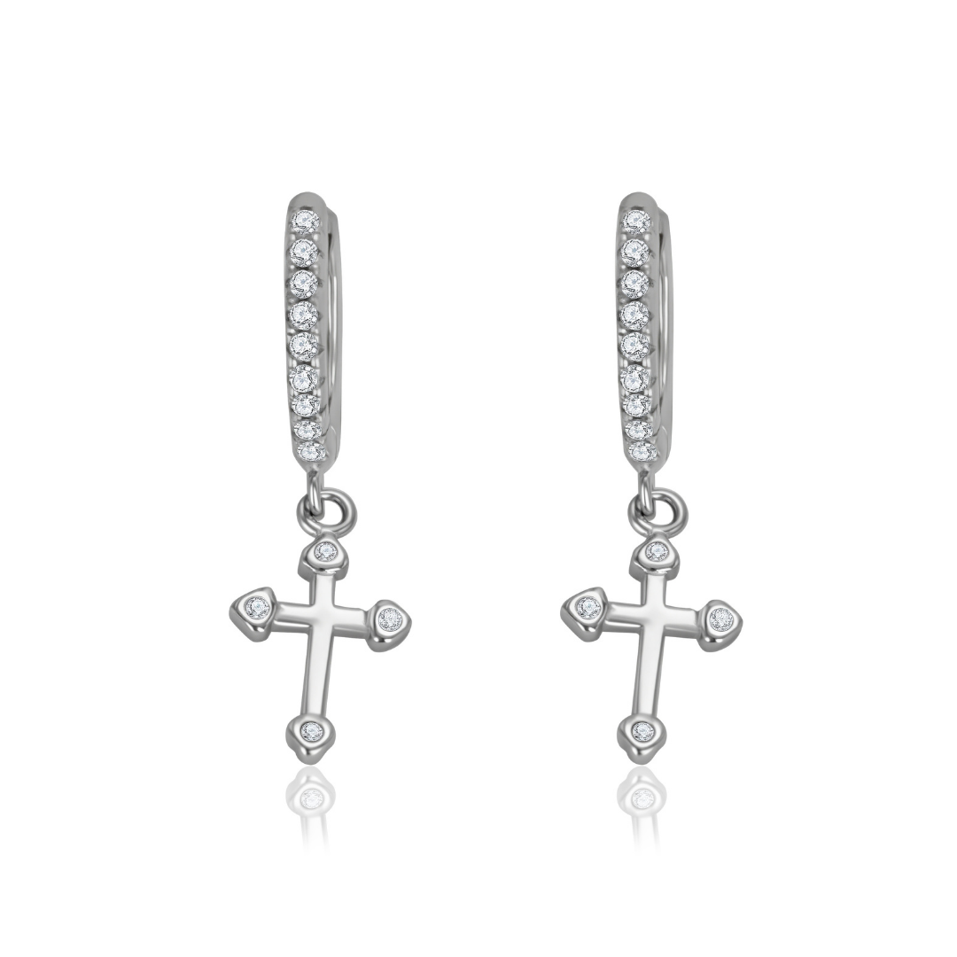 Ploutos Jewellery Faithlight Cross Hoop Earrings in 925 sterling silver — dainty stone-set hoops with dangling cross charms from the Cosmic Energy Collection, symbolising faith, balance, and quiet elegance.