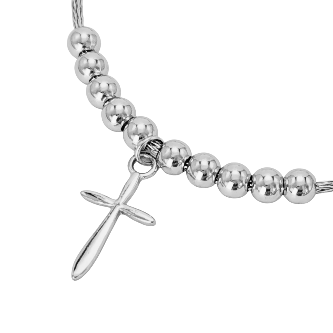 Close-up of Ploutos Jewellery Faithline Cross & Virgin Mary Silver Bracelet — handcrafted 925 sterling silver bracelet featuring polished round beads and a minimalist cross charm. A refined symbol of faith, strength, and divine protection from the Cosmic Energy Collection.