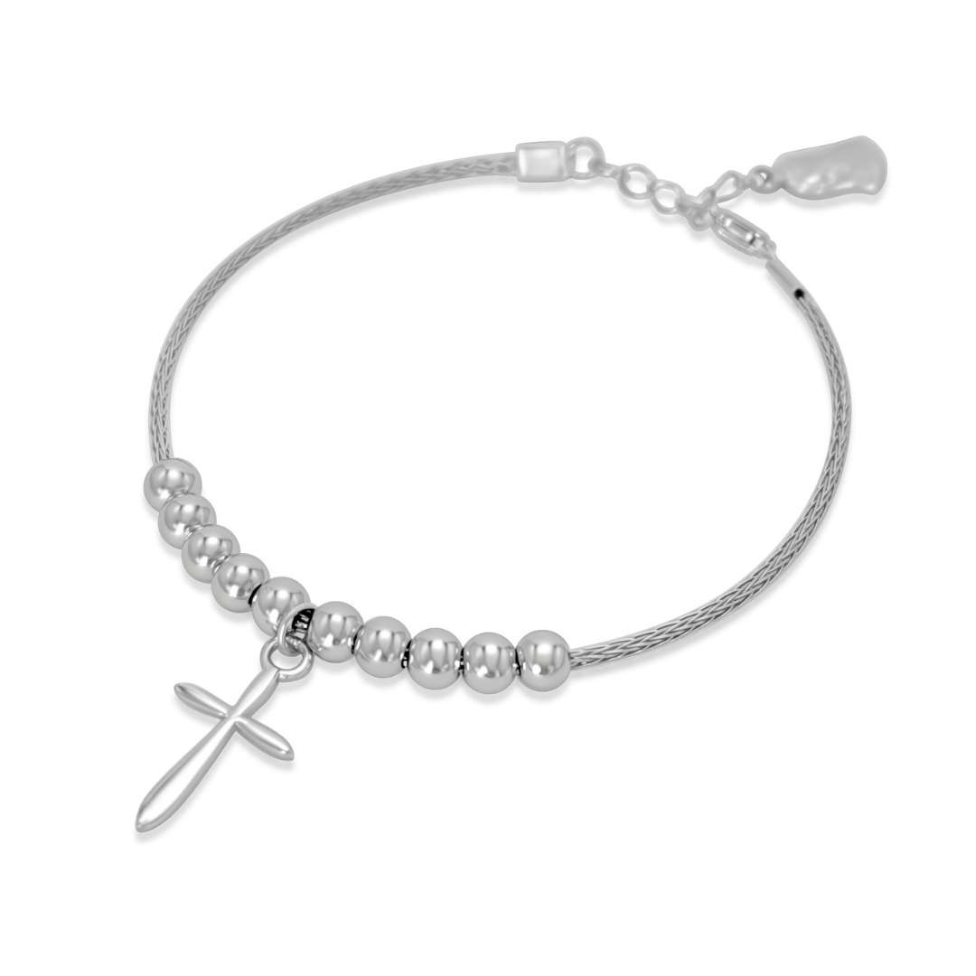 Ploutos Jewellery Faithline Cross & Virgin Mary Silver Bracelet — handcrafted from recycled 925 sterling silver with polished beads, a sleek cross charm, and a subtle Virgin Mary pendant at the clasp. A modern symbol of faith, hope, and spiritual protection from the Cosmic Energy Collection.