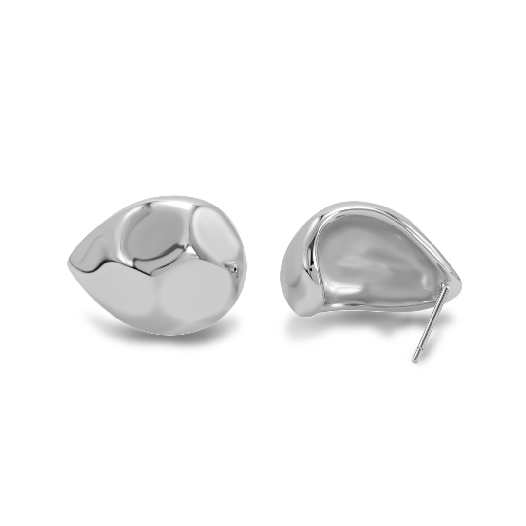 Ploutos Jewellery Fluid Teardrop Stud Earrings — 925 sterling silver sculptural earrings with organic curved design from the Abundance Collection, showcasing polished mirror finish and modern minimalist artistry