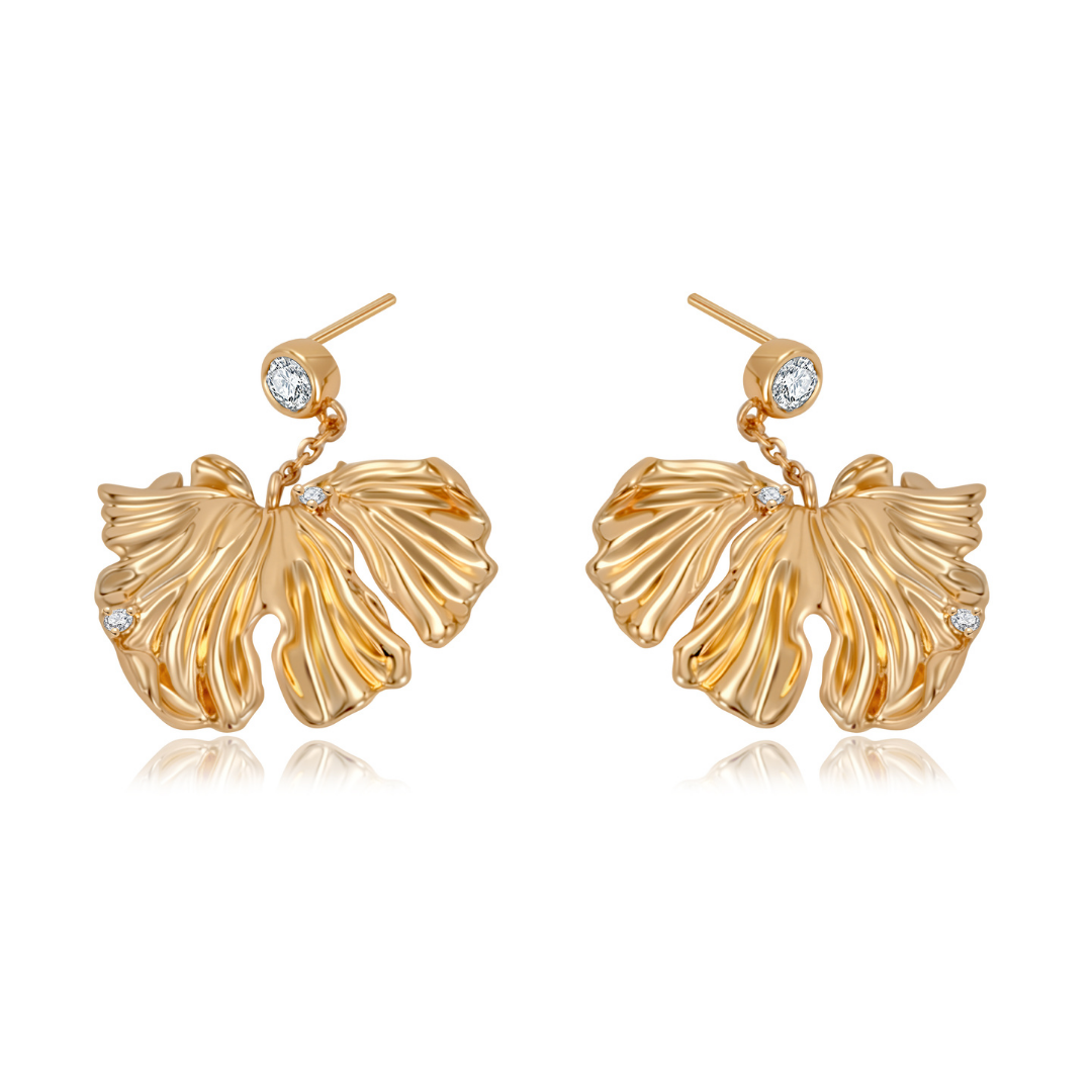 Ploutos Jewellery Golden Ginkgo Drop Earrings — elegant 18K vintage gold-plated recycled 925 sterling silver earrings inspired by ginkgo leaves. Featuring sculpted organic folds, fine texture, and delicate gemstone accents, these earrings symbolize resilience, harmony, and timeless beauty from the Wealth Collection.