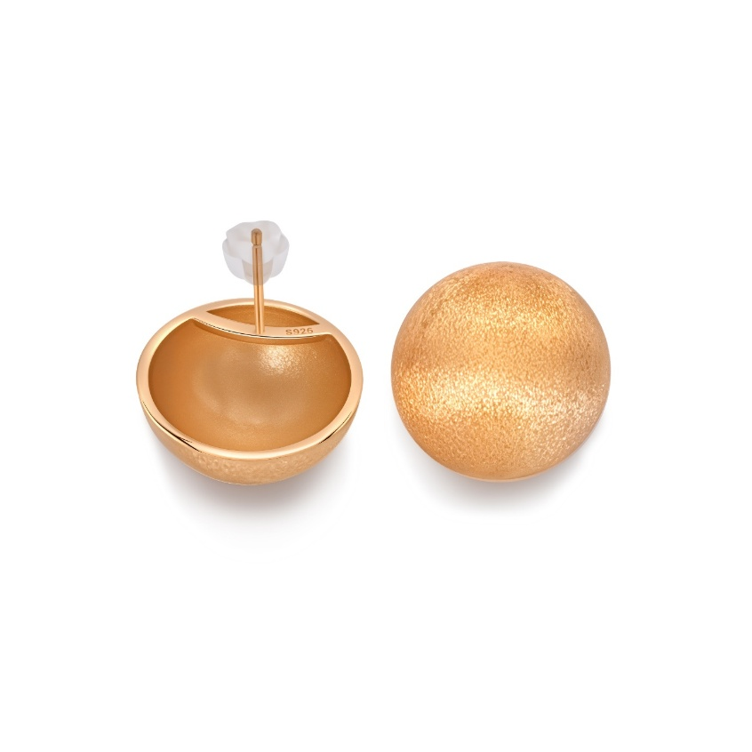 Close-up of Ploutos Jewellery Golden Halo Stud Earrings — 18K gold-plated recycled 925 sterling silver with fine satin texture and hollow dome design. Elegant minimalist gold studs symbolizing timeless wealth and refined femininity from the Wealth Collection.