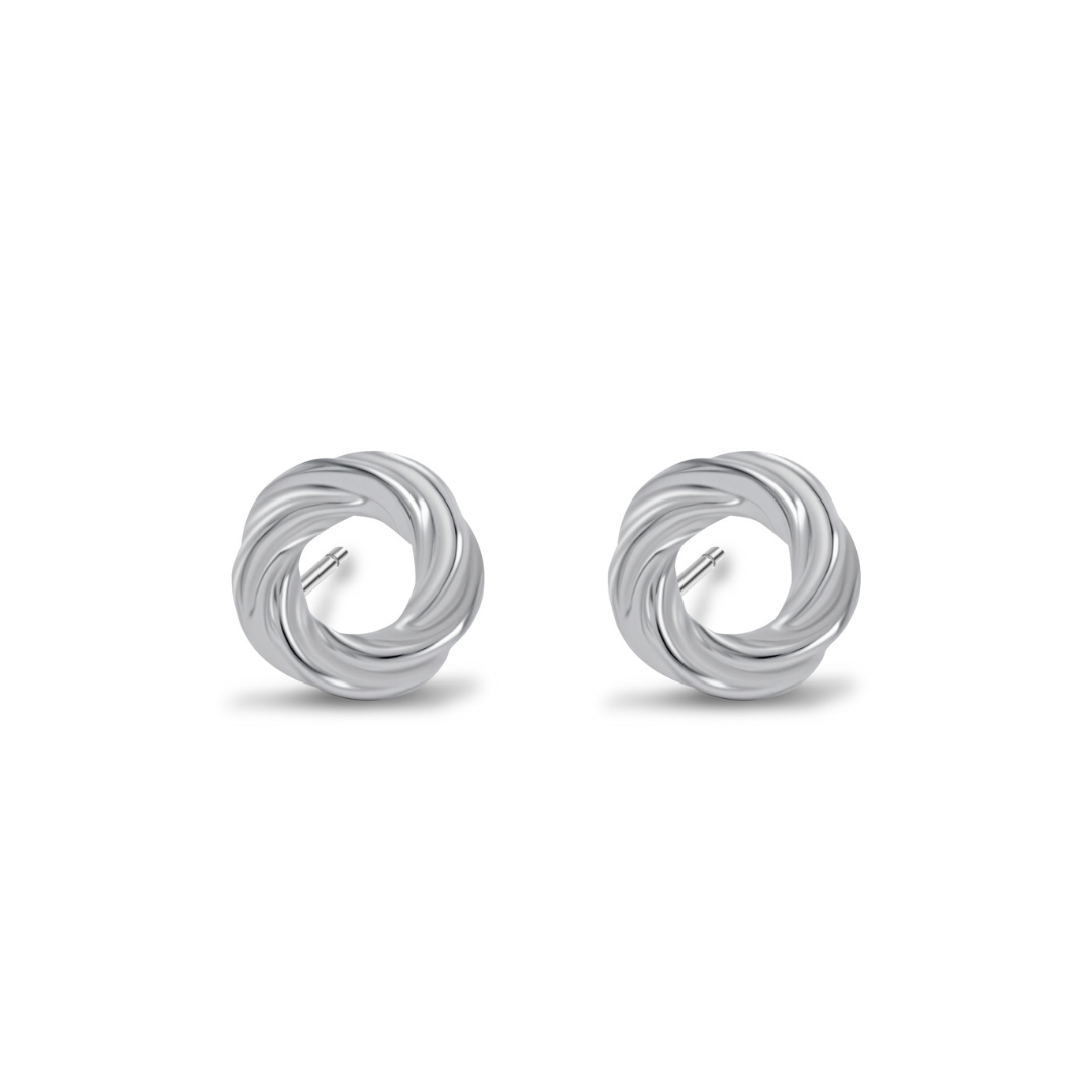 Ploutos Jewellery Harmony Loop Stud Earrings in 925 sterling silver — twisted circular silver studs from the Abundance Collection, symbolising unity, balance, and timeless elegance.