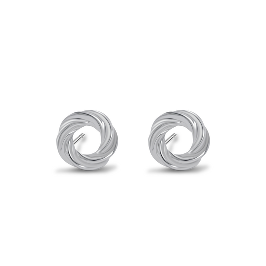 Ploutos Jewellery Harmony Loop Stud Earrings in 925 sterling silver — twisted circular silver studs from the Abundance Collection, symbolising unity, balance, and timeless elegance.
