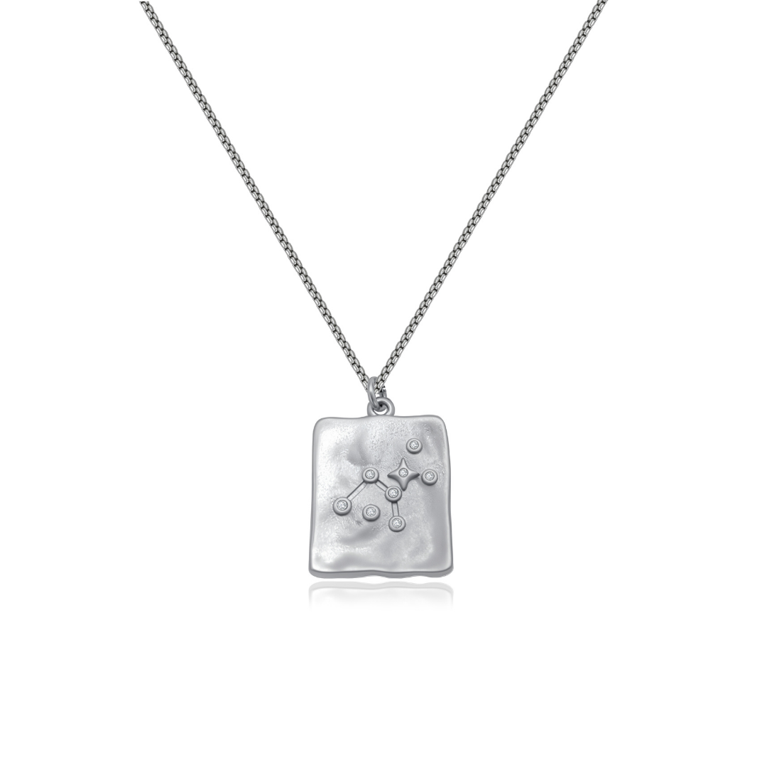 Ploutos Jewellery Leo Zodiac Constellation Necklace — handcrafted 925 sterling silver pendant featuring engraved Leo star pattern, from the Cosmic Energy Collection, symbolising inner strength, cosmic alignment, and radiant confidence.