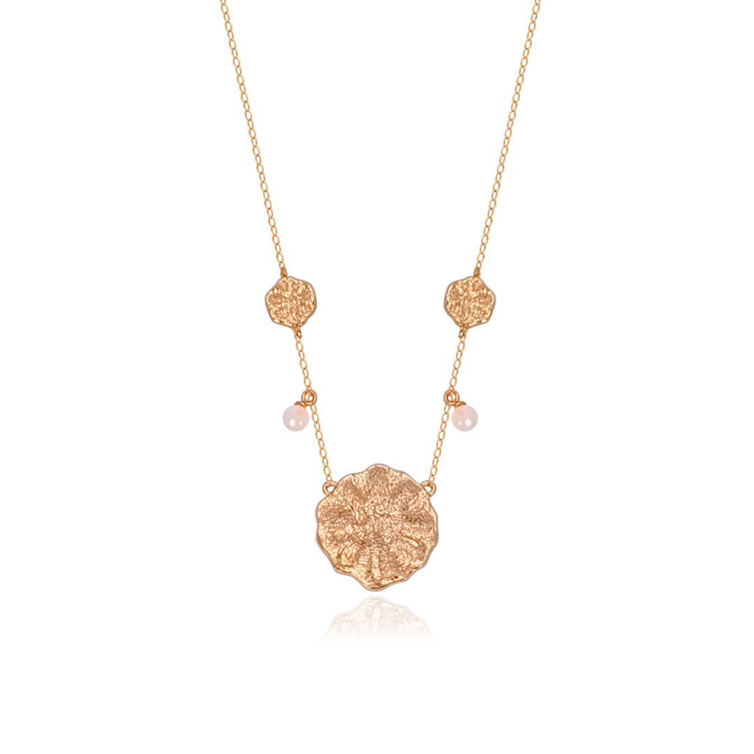 Ploutos Jewellery Luna Bloom Gold Necklace — handcrafted 18K gold-plated 925 sterling silver floral medallion necklace with natural pearl accents. Elegant gold necklace symbolizing feminine energy, growth, and harmony from the Cosmic Energy Collection.