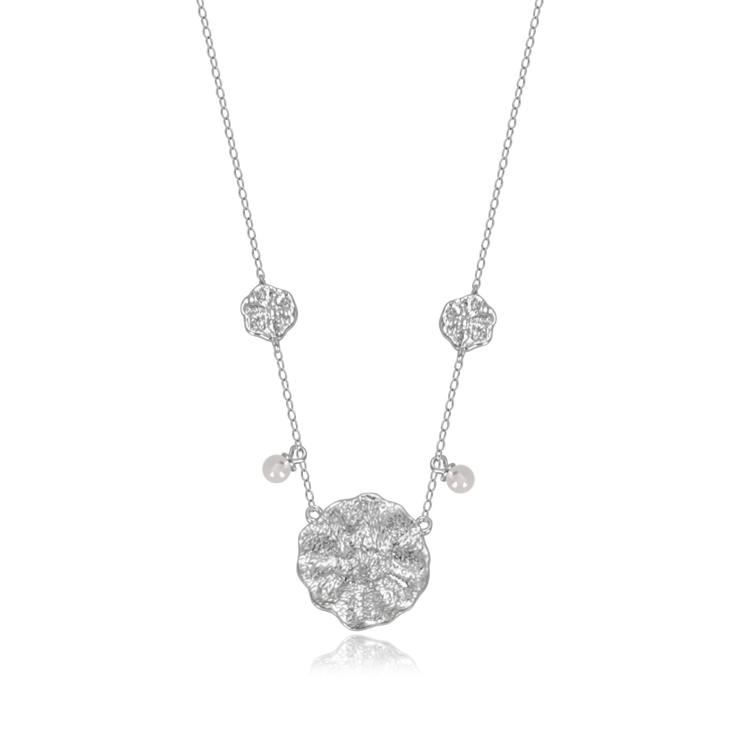Ploutos Jewellery Luna Bloom Silver Necklace — handcrafted 925 sterling silver floral medallion necklace with delicate natural pearl accents. Elegant silver necklace from the Cosmic Energy Collection inspired by moonlight and feminine grace.