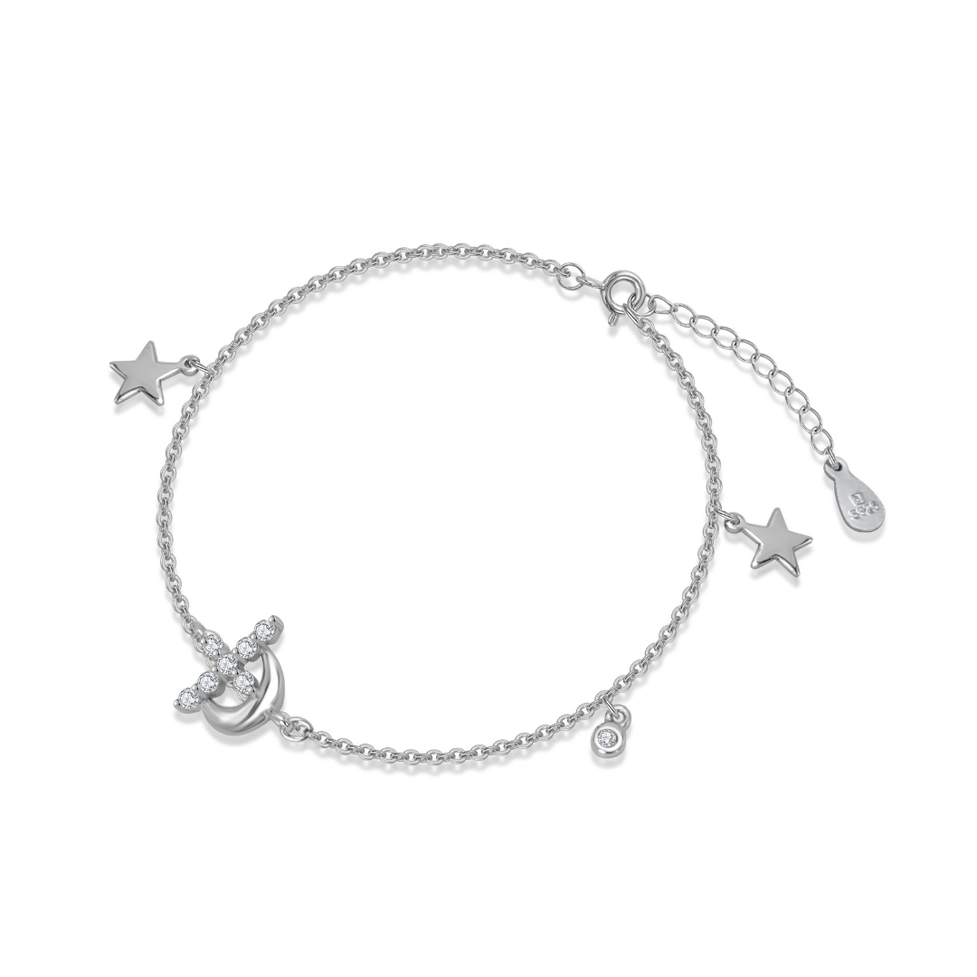 Ploutos Jewellery Luna Étoile Bracelet — 925 sterling silver bracelet featuring crescent moon, star, and cubic zirconia charms. A celestial-inspired design symbolising light, balance, and eternal connection, from the Abundance Collection.