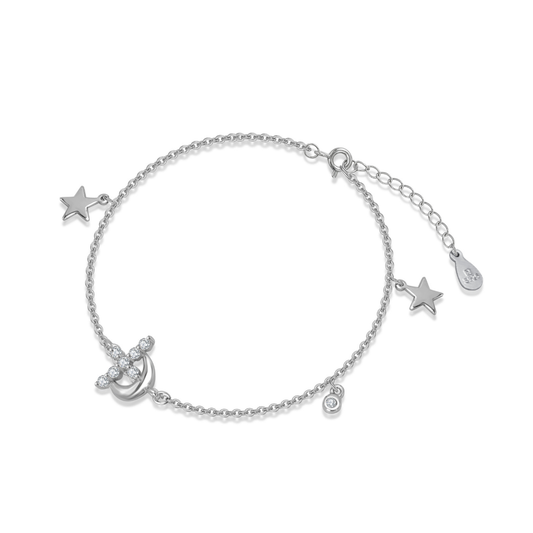 Ploutos Jewellery Luna Étoile Bracelet — 925 sterling silver bracelet featuring crescent moon, star, and cubic zirconia charms. A celestial-inspired design symbolising light, balance, and eternal connection, from the Abundance Collection.