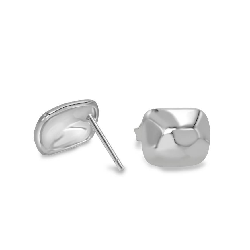 Ploutos Jewellery Luna Flow Silver Stud Earrings — rhodium-plated 925 sterling silver minimalist square studs with soft organic curves. From the Abundance Collection, designed to reflect light fluidly and embody calm strength and refined modern elegance.