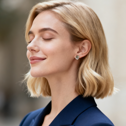 Model wearing Ploutos Jewellery Luna Flow Silver Stud Earrings — rhodium-plated 925 sterling silver minimalist earrings with softly sculpted design. From the Abundance Collection, showcasing quiet luxury, natural elegance, and modern Australian jewellery style.