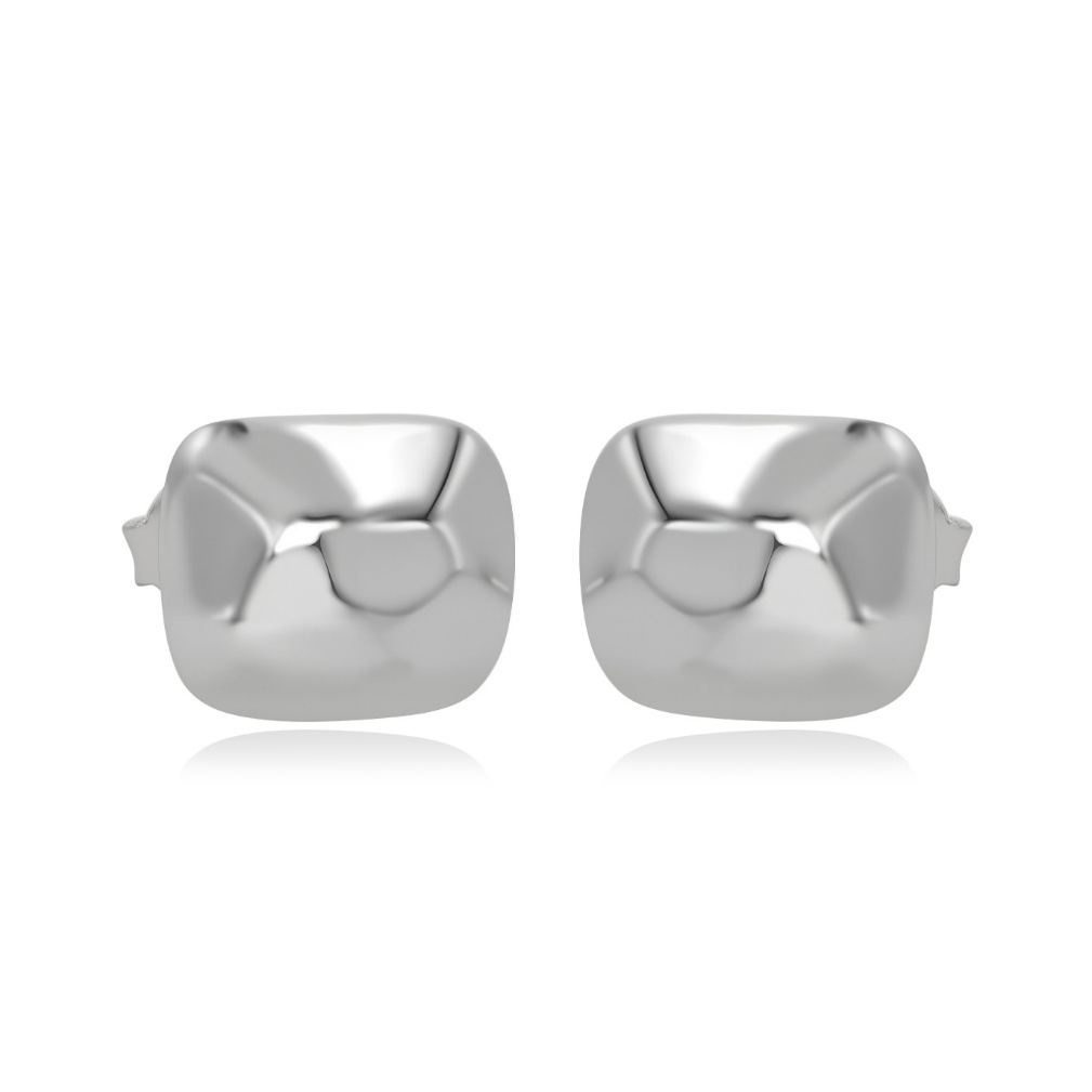 Ploutos Jewellery Luna Flow Silver Stud Earrings — rhodium-plated 925 sterling silver minimalist studs with organic, softly sculpted square design. From the Abundance Collection, these earrings reflect fluid light, calm strength, and refined modern elegance.