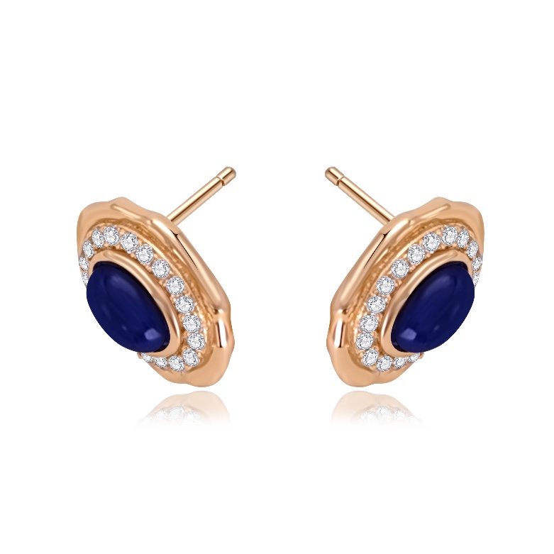 Side view of Ploutos Jewellery Midnight Elegance Lapis Stud Earrings — oval deep-blue lapis lazuli gemstones set in 18K gold-plated 925 sterling silver with sparkling crystal halos. Elegant celestial-inspired design from the Cosmic Energy Collection.