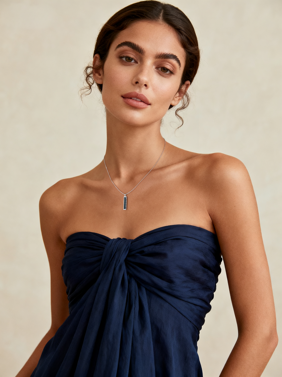 Model wearing Ploutos Jewellery Noir Essence Necklace — elegant 925 sterling silver necklace with rectangular black onyx pendant from the Abundance Collection. A minimalist statement of strength, balance, and refined sophistication, perfect for modern women’s everyday luxury.