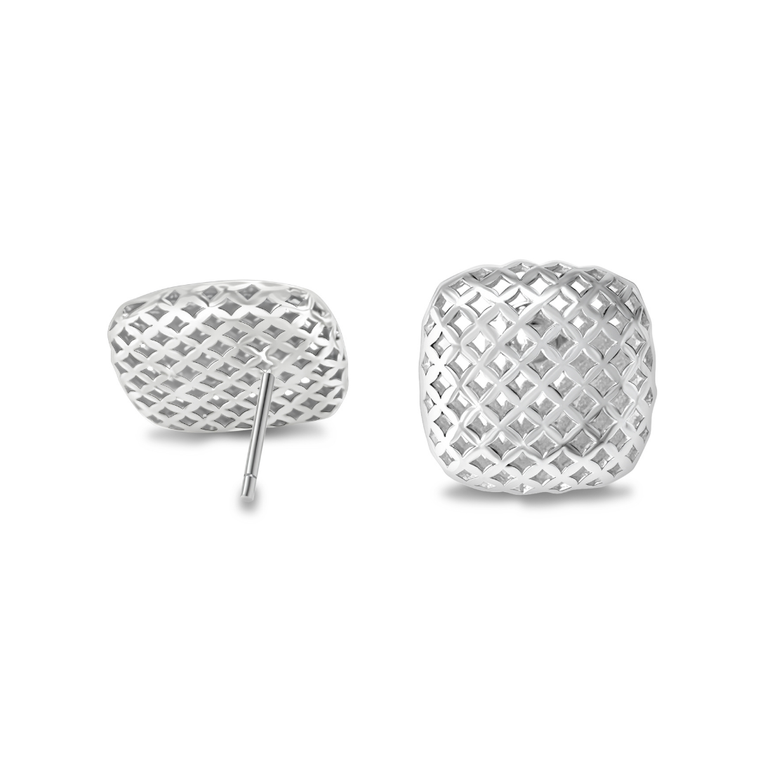 Close-up of Ploutos Jewellery Nova Mesh Silver Stud Earrings — rhodium-plated 925 sterling silver geometric lattice design with open-grid texture. Elegant square silver studs from the Abundance Collection, combining lightness, structure, and modern artistry.
