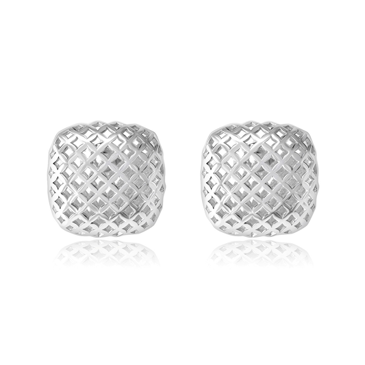 Ploutos Jewellery Nova Mesh Silver Stud Earrings — rhodium-plated 925 sterling silver earrings with open-grid lattice texture. Lightweight geometric design from the Abundance Collection, symbolizing balance, strength, and refined modern elegance.