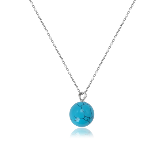 Ploutos Jewellery Ocean Spirit Necklace — minimalist 925 sterling silver necklace featuring a natural turquoise bead pendant. A symbolic gemstone piece from the Cosmic Energy Collection, representing serenity, protection, and emotional balance through life’s tides.