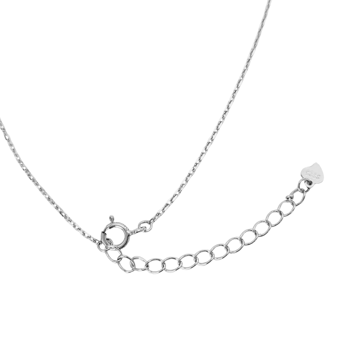 Close-up of Ploutos Jewellery Ocean Whisper Necklace clasp — 925 sterling silver chain with adjustable extender and heart-shaped tag. Premium craftsmanship detail from the Abundance Collection, showcasing durability, shine, and refined minimalist design.