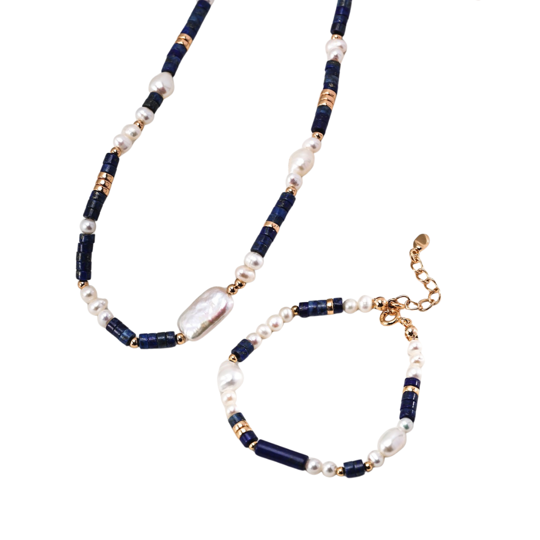 Ploutos Jewellery Oceana Collection Set — handcrafted choker and bracelet featuring freshwater pearls, deep blue lapis lazuli stones, and 18K vintage gold-plated recycled 925 sterling silver accents. A harmonious jewellery duo from the Cosmic Energy Collection, symbolizing ocean-inspired balance, elegance, and feminine strength.