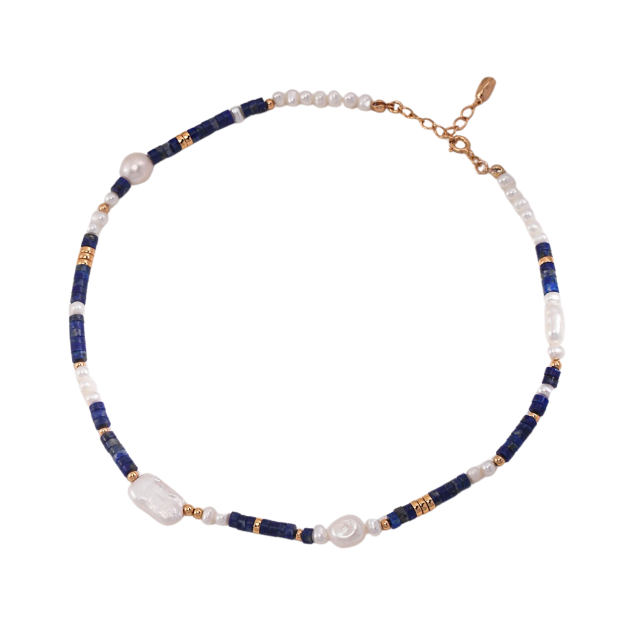 Ploutos Jewellery Oceana Lapis Lazuli and Freshwater Pearl Choker — handcrafted from recycled 925 sterling silver with 18K vintage gold plating. This elegant necklace from the Cosmic Energy Collection combines luminous pearls and deep blue lapis stones, symbolizing balance, inner calm, and ocean-inspired elegance.