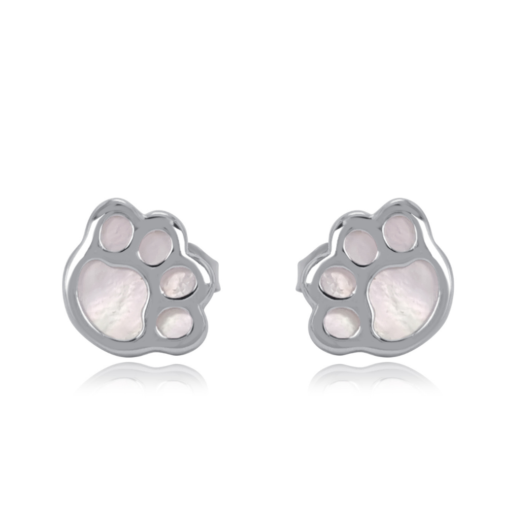 Paw of Light Stud Earrings in 925 sterling silver with mother-of-pearl inlay from Ploutos Jewellery’s Abundance Collection — elegant paw print design symbolising love, loyalty, and gentle connection, perfect gift for animal lovers.