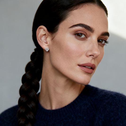 Model wearing Paw of Light Stud Earrings in 925 sterling silver with mother-of-pearl inlay from Ploutos Jewellery’s Abundance Collection — minimalist paw print design symbolising love, connection, and gentle affection.