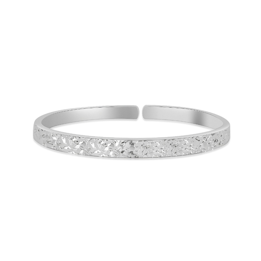 Ploutos Jewellery Radiance Silver Bangle — handcrafted 999 fine silver open cuff bracelet with subtle hammered texture. From the Wealth Collection, symbolising inner peace, balance, and quiet strength with a natural reflective shine.