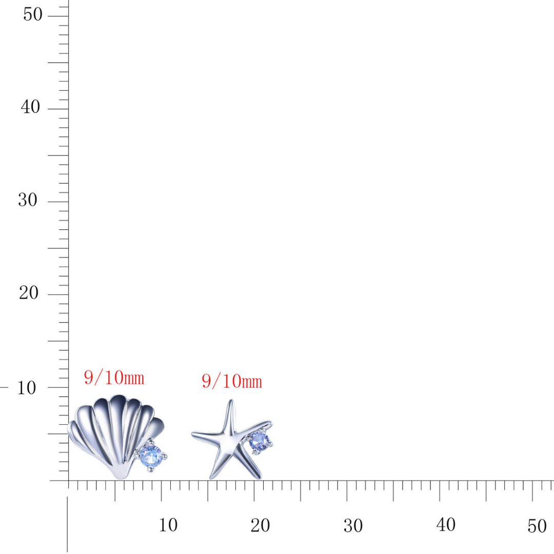 Rhodium-plated seashell and starfish stud earrings with cubic zirconia from the Cosmic Energy Collection — ocean-inspired mismatched design, 9mm x 10mm size reference image by Ploutos Jewellery.