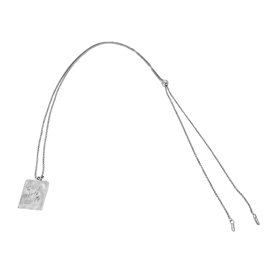 Ploutos Jewellery Sagittarius Constellation Necklace with adjustable slider chain — handcrafted 925 sterling silver pendant engraved with Sagittarius star map and cosmic detailing. Modern astrology jewellery from the Cosmic Energy Collection symbolising freedom, optimism, and celestial guidance.