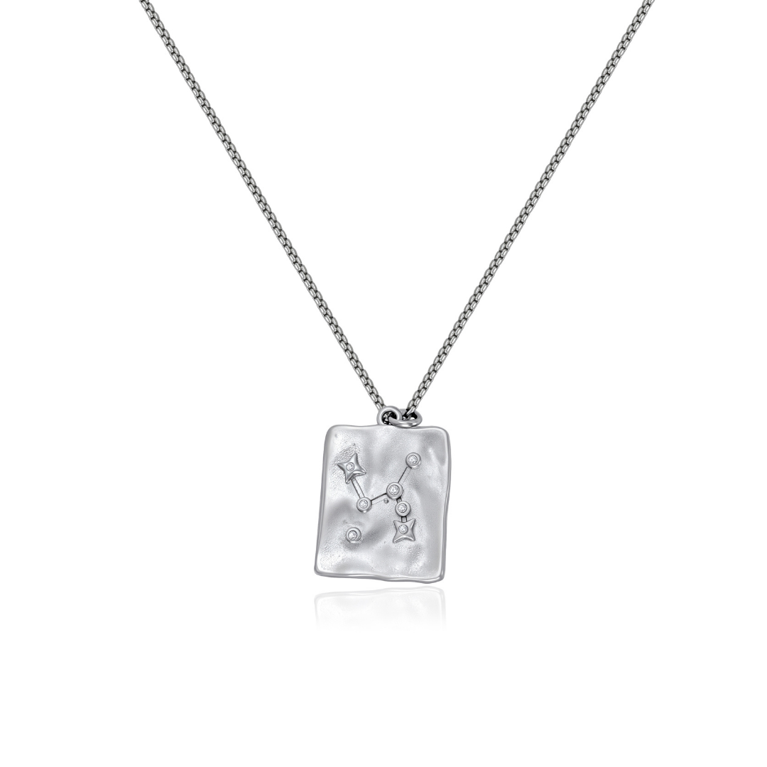 Ploutos Jewellery Sagittarius Constellation Necklace — handcrafted recycled 925 sterling silver pendant featuring the Sagittarius star map with subtle zircon details. Minimalist astrology jewellery from the Cosmic Energy Collection symbolising adventure, wisdom, and cosmic confidence.