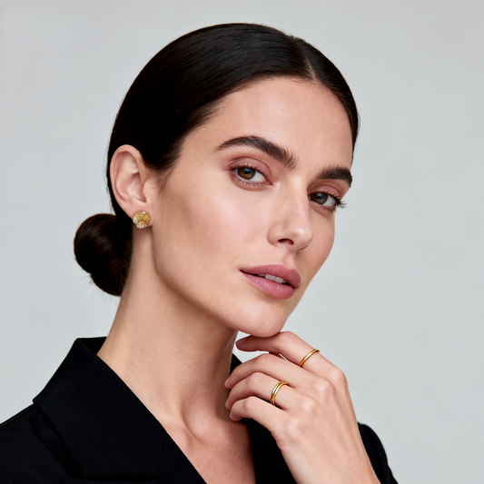 Model wearing Ploutos Jewellery Seaside Glow Gold Shell Earrings — 18K gold-plated recycled 925 sterling silver studs with cubic zirconia accents, inspired by seashells and ocean light. Elegant minimalist style from the Abundance Collection, embodying coastal luxury and timeless femininity.