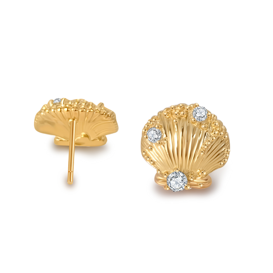 Ploutos Jewellery Seaside Glow Gold Shell Earrings — front and side view of 18K gold-plated recycled 925 sterling silver seashell studs adorned with cubic zirconia. Handcrafted design inspired by sunlight over the ocean, from the Abundance Collection. Elegant and sustainable coastal jewellery.
