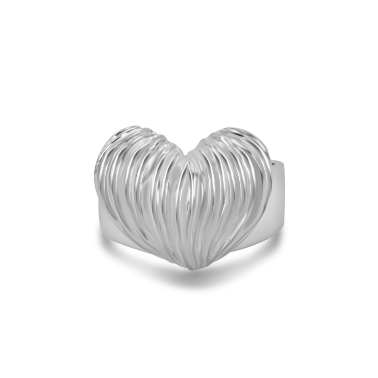 Ploutos Jewellery Silken Heart Open Ring — handcrafted 925 sterling silver heart-shaped ring with fluid, silk-like folds. Adjustable open band design symbolizing love, elegance, and self-expression from the Abundance Collection.”