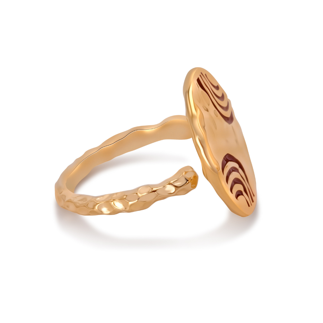 Side view of the Ploutos Jewellery Solar Wave Gold Ring — handcrafted from 18K vintage gold-plated recycled 925 sterling silver. This adjustable statement ring from the Wealth Collection showcases a hammered open band and artistic enamel wave detailing, symbolizing radiant energy, confidence, and balance.