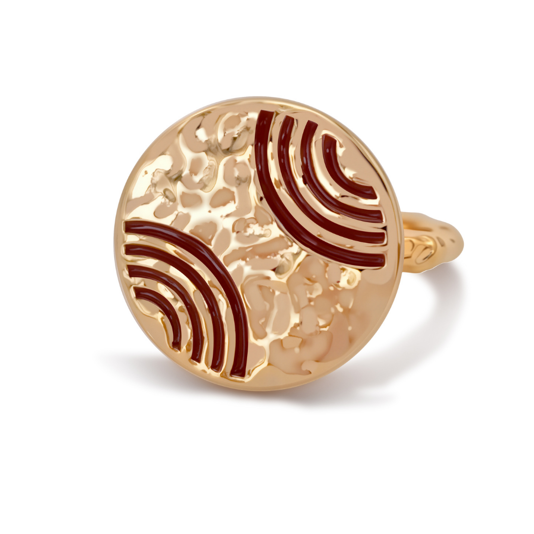Ploutos Jewellery Solar Wave Gold Ring — 18K vintage gold-plated recycled 925 sterling silver with hand-enameled wave detailing. A hammered round statement ring from the Wealth Collection, symbolizing energy, balance, and radiant confidence through its sun-and-sea inspired design.