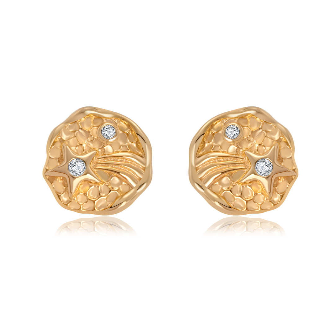 Ploutos Jewellery Starlight Trail Gold Stud Earrings — handcrafted from 18k gold-plated recycled 925 sterling silver with hand-textured molten surfaces and cubic zirconia shooting star accents. Elegant celestial-inspired gold studs symbolizing hope, dreams, and cosmic energy.