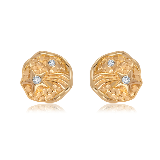 Ploutos Jewellery Starlight Trail Gold Stud Earrings — handcrafted from 18k gold-plated recycled 925 sterling silver with hand-textured molten surfaces and cubic zirconia shooting star accents. Elegant celestial-inspired gold studs symbolizing hope, dreams, and cosmic energy.