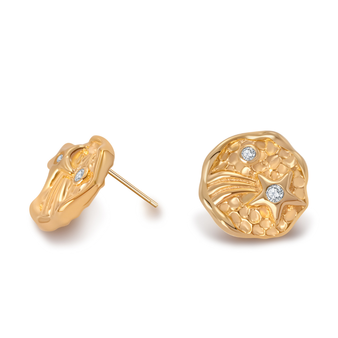 Ploutos Jewellery Starlight Trail Gold Stud Earrings side and front view — 18k gold-plated 925 sterling silver with hand-textured molten finish and cubic zirconia shooting star accents. Elegant celestial-inspired gold studs symbolizing light, guidance, and cosmic beauty.