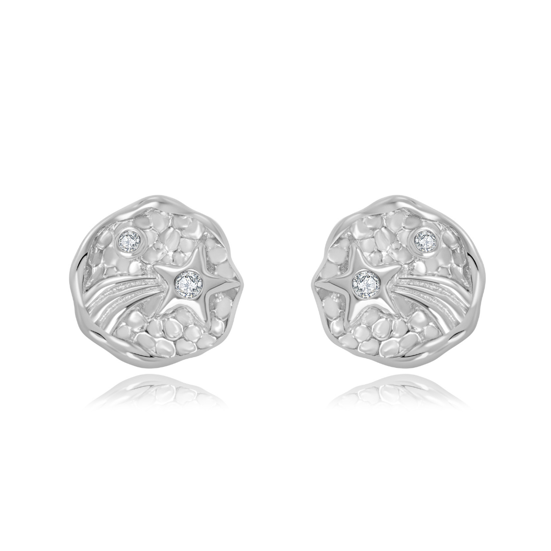 Ploutos Jewellery Starlight Trail Silver Stud Earrings — handcrafted from recycled 925 sterling silver with crater-textured dome and cubic zirconia shooting star details. Elegant moon-inspired silver studs symbolizing light, resilience, and cosmic serenity.