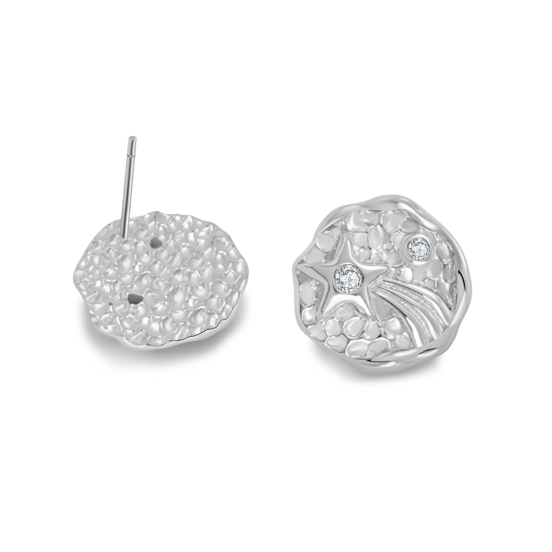 Ploutos Jewellery Starlight Trail Silver Stud Earrings front and side view — handcrafted 925 sterling silver with crater-textured dome and cubic zirconia shooting star detail. Modern celestial-inspired silver earrings symbolizing resilience and cosmic light.