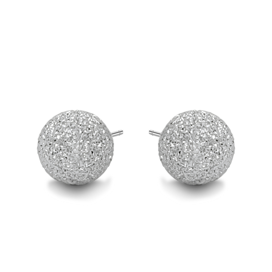 Ploutos Jewellery Stellar Dust Stud Earrings in 925 sterling silver — minimalist round textured studs from the Cosmic Energy Collection, reflecting starlight with soft shimmer and timeless elegance.
