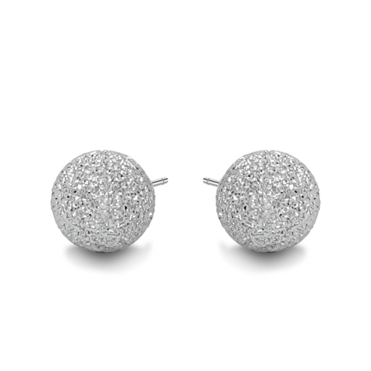 Ploutos Jewellery Stellar Dust Stud Earrings in 925 sterling silver — minimalist round textured studs from the Cosmic Energy Collection, reflecting starlight with soft shimmer and timeless elegance.