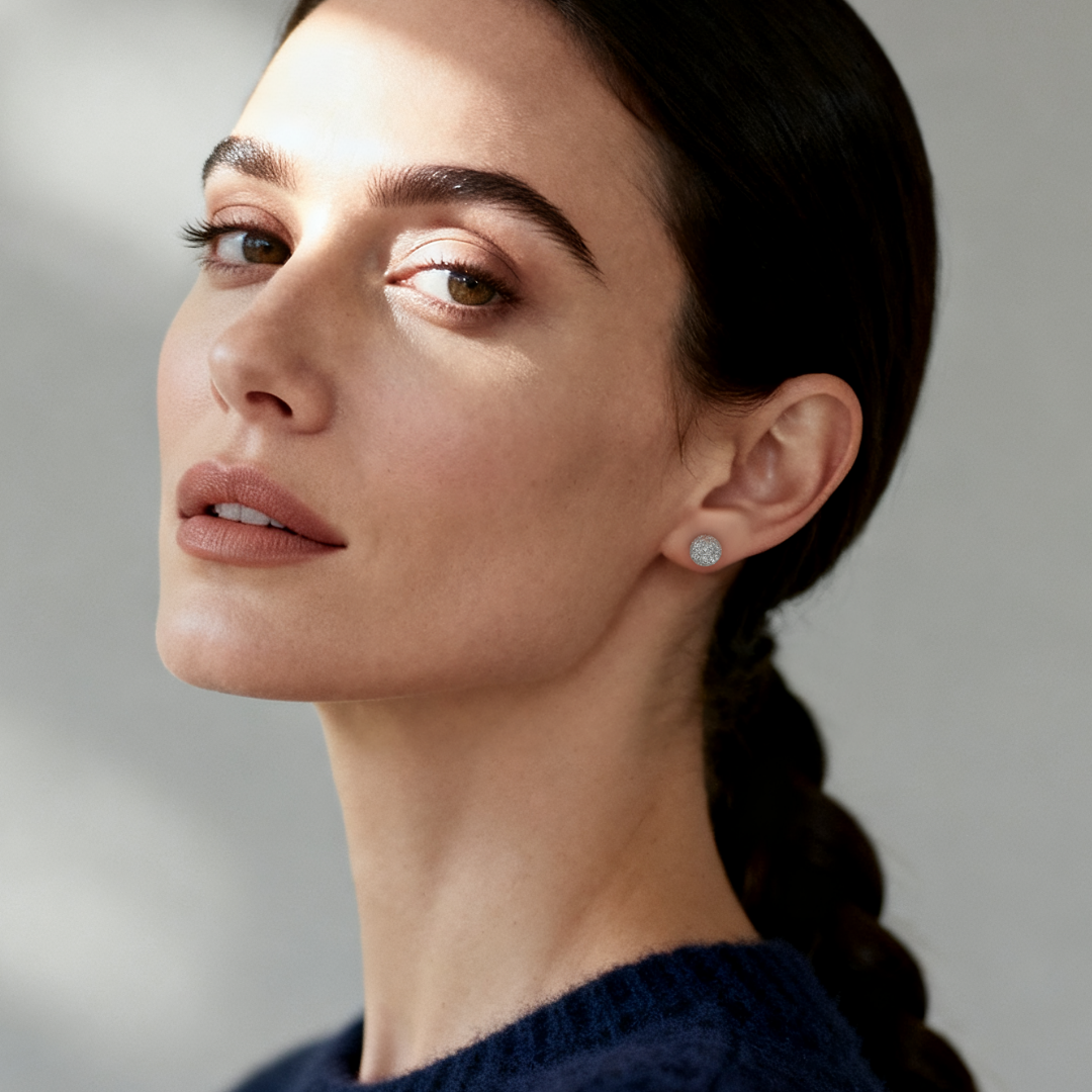 Model wearing Ploutos Jewellery Stellar Dust Stud Earrings in 925 sterling silver — minimalist textured round studs from the Cosmic Energy Collection, reflecting soft starlight glow and quiet luxury style.