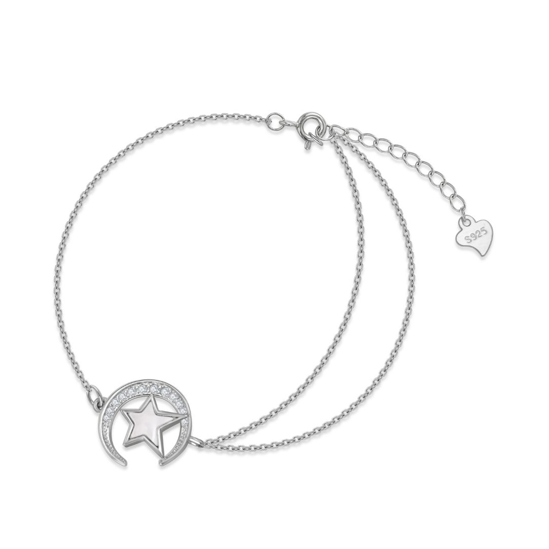 Ploutos Jewellery Stellar Embrace Bracelet — 925 sterling silver double-chain bracelet featuring a crescent moon and mother-of-pearl star charm. A luminous design symbolising femininity, inner peace, and celestial harmony, from the Abundance Collection.