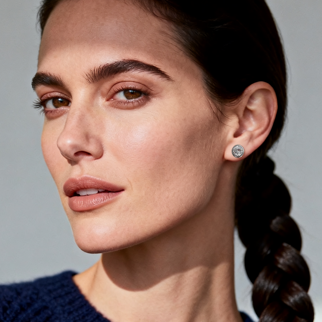Model wearing Ploutos Jewellery Timeless Sparkle Zircon Stud Earrings, 7mm size — handcrafted in recycled 925 sterling silver with brilliant-cut cubic zirconia. Elegant minimalist design that adds refined sparkle for both everyday wear and special occasions, part of the Abundance Collection.