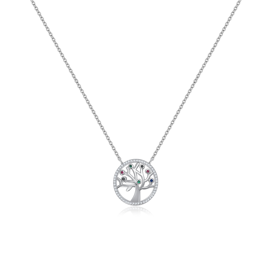 Ploutos Jewellery Tree of Life Necklace — handcrafted 925 sterling silver pendant featuring a circular Tree of Life design with colourful zircon stones. A meaningful jewellery piece symbolising growth, balance, and connection, from the Abundance Collection.