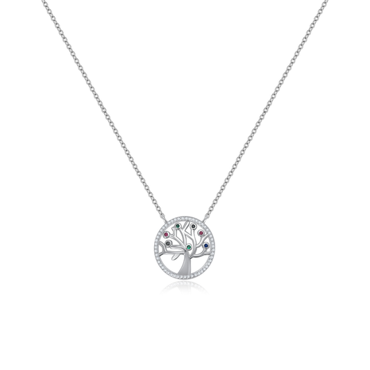 Ploutos Jewellery Tree of Life Necklace — handcrafted 925 sterling silver pendant featuring a circular Tree of Life design with colourful zircon stones. A meaningful jewellery piece symbolising growth, balance, and connection, from the Abundance Collection.
