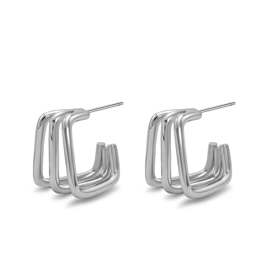 Ploutos Jewellery Trinity Square Hoop Earrings — 925 sterling silver triple-layer geometric hoops from the Abundance Collection, featuring a sculptural square design that blends modern minimalism with timeless sophistication.